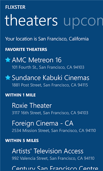 Flixster for Windows Phone in 2012 – Theaters