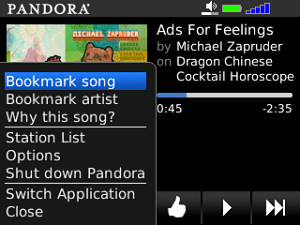 Pandora Radio for BlackBerry in 2011 – Bookmark Song