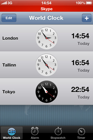 Skype for iPhone in 2010 – World Clock
