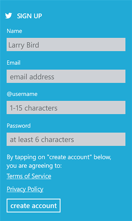 Twitter for Windows Phone in 2012 – Sign Up