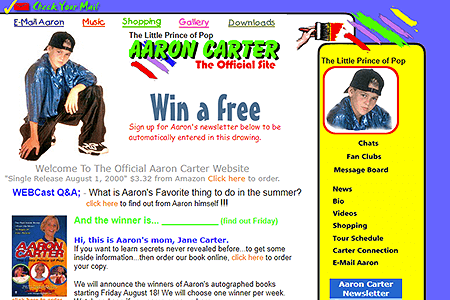 Aaron Carter website in 2000