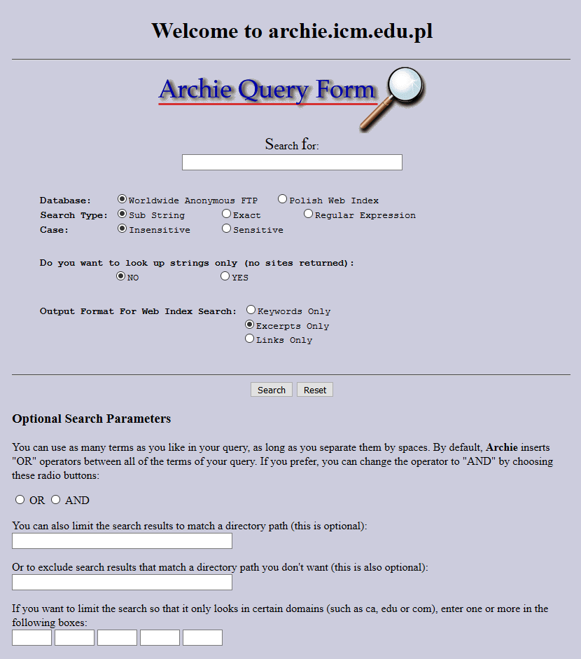 Archie Query Form website in 1996