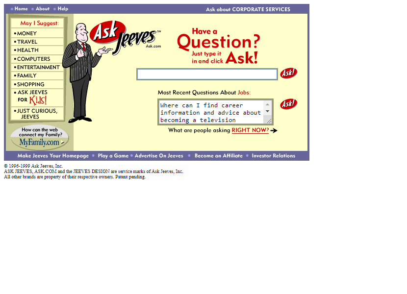 Ask Jeeves website in 1999