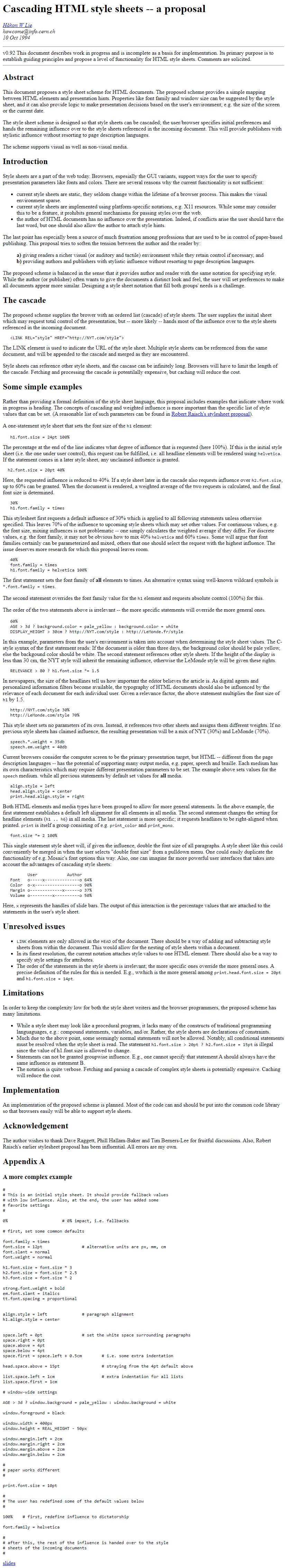 Cascading HTML style sheets – a proposal website in 1994