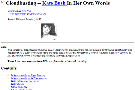 Cloudbusting – Kate Bush In Her Own Words website in 1992
