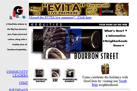 GeoCities BourbonStreet Neighborhood website in 1996