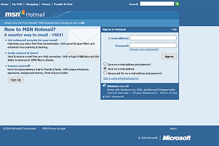 Hotmail website in 2006
