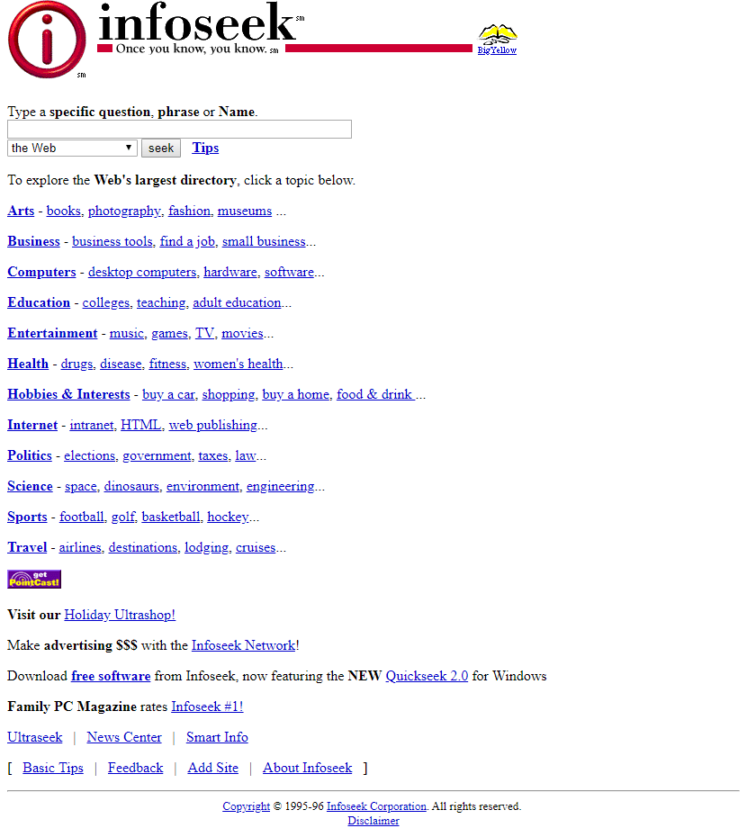 Infoseek website in 1997