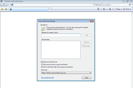 Internet Explorer 7.0 – Pop-up Blocker Settings
