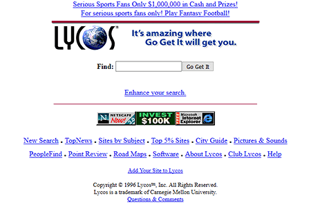Lycos website in 1996