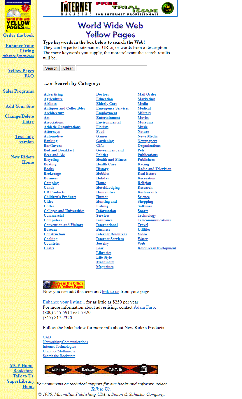 World Wide Web Yellow Pages website in 1996