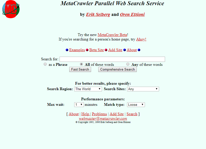 MetaCrawler website in 1996