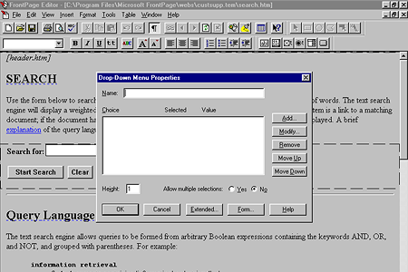 Microsoft FrontPage 1.1 – Drop-down Menu Properties