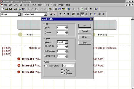 FrontPage Editor Insert Table