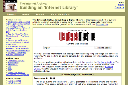 Wayback Machine website in 2001