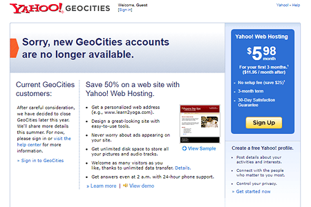 Yahoo! Geocities website in 2009